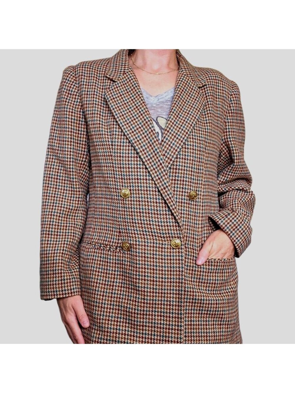 VTG Womens Double Breasted Blazer Houndstooth Brown Green Wool Blend